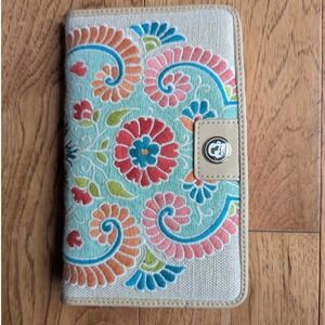 Spartina 449 Snap Wallet Beige Floral Embroidered Linen Leather Trim OS